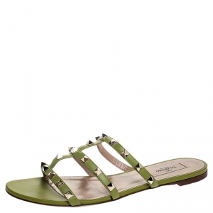 Pre Owned Valentino Green Leather Rockstud Cage Flat Slides Size 40