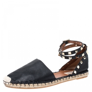 Pre Owned Valentino Black Leather Rockstud Espadrilles Ankle Strap Flats Size 40