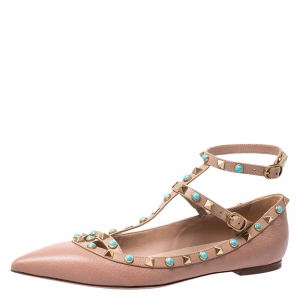 Pre Owned Valentino Beige Leather T Strap Rockstud Ballet Flats Size 40