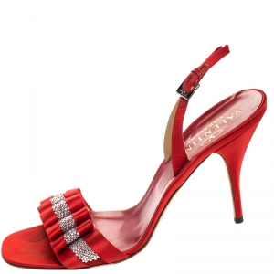 Pre Owned Valentino Red Satin Crystal Embellished Sling Back Open Toe Sandals Size 40