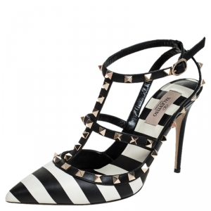 Pre Owned Valentino Black/White Striped Leather Rockstud Ankle Strap Cage Sandals Size 39