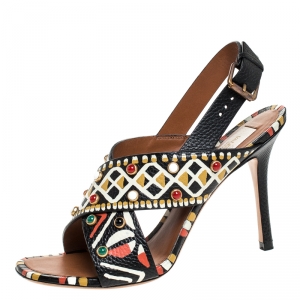 Pre Owned Valentino Multicolor Leather Studded Crossover Primitive Ankle Strap Sandals Size 37.5