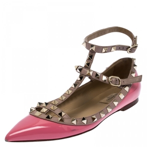 Pre Owned Valentino Pink Patent Leather Rockstud Ankle Strap Ballet flats Size 36