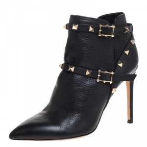 Valentino Black Leather Rockstud Pointed Toe Ankle Boots Size 37