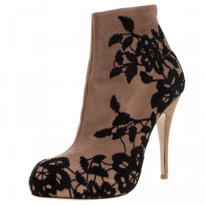 Pre Owned Valentino Beige/Black Embroidered Suede Zip Ankle Boots Size 40.5