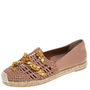 Pre Owned Valentino Beige Woven Leather Floral Embellished Espadrille Flats Size 37