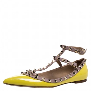 Pre Owned Valentino Yellow Patent Leather And Leather Rockstud Double Ankle Strap Cage Ballerina Flats Size 40