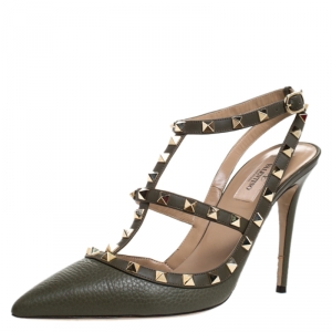 Pre Owned Valentino Green Leather Rockstud Ankle Strap Cage Sandals Size 40.5