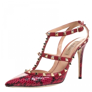 Pre Owned Valentino Red Python and Leather Rockstud Pointed Toe Sandals Size 39