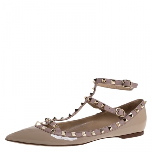 Pre Owned Valentino Beige Patent Leather Rockstud Ballet Flats Size 41