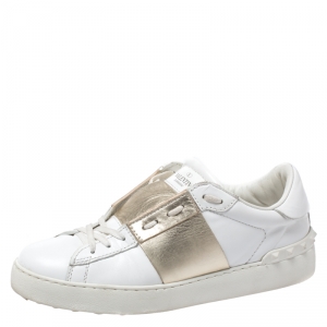 Pre Owned Valentino White/Gold Leather Open Low Top Sneakers Size 39