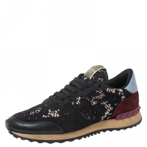 Pre Owned Valentino Multicolor Suede, Leather And Macramé Lace Rockrunner Sneakers Size 39