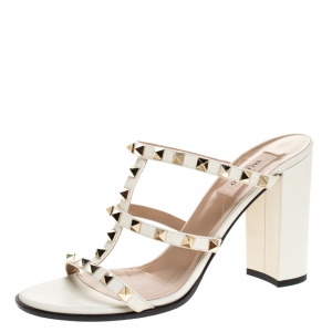 Pre Owned Valentino White Leather Rockstud Block Heel Cage Sandals Size 39.5