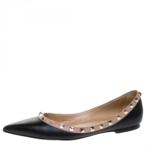 Pre Owned Valentino Black Leather Rockstud Pointed Toe Ballet Flats Size 39
