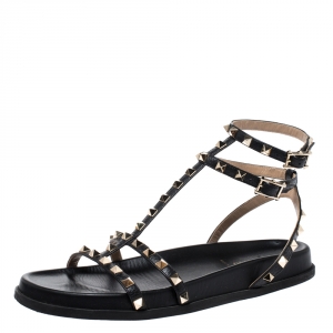 Pre Owned Valentino Black Leather Rockstud Ankle Strap Gladiator Flat Sandals Size 39.5
