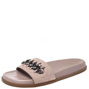 Pre Owned Valentino Beige Suede And Leather Chain Flat Slide Sandals Size 38.5