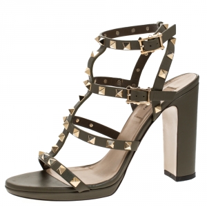 Pre Owned Valentino Green Leather Rockstud Block Heel Cage Ankle Strap Sandals Size 39