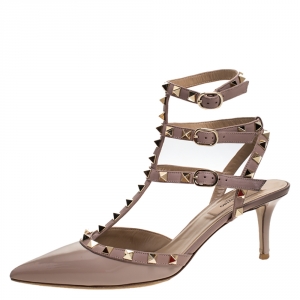 Pre Owned Valentino Beige Patent Leather And Leather Rockstud Ankle Strap Pointed Toe Sandals Size 39