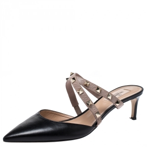 Pre Owned Valentino Black/Beige Leather Rockstud Pointed Toe Mules Size 40