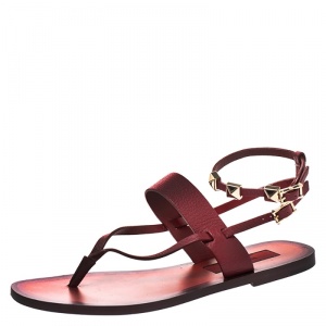 Pre Owned Valentino Red Leather Slide Stud Detail Thong Slingback Sandals Size 37