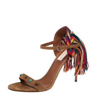 Pre Owned Valentino Brown Suede Rolling Embroidered Fringed Rockstud Ankle Strap Open Toe Sandals Size 37