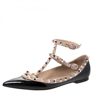 Pre Owned Valentino Black Patent Leather Rockstud Ballet Flats Size 37