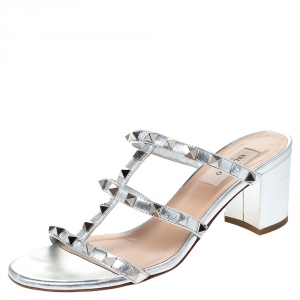Pre Owned Valentino Metallic Silver Leather Rockstud Caged Slide Sandals Size 38