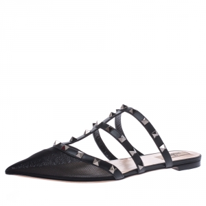 Pre Owned Valentino Black Mesh And Leather Rockstud Flat Mules Size 39