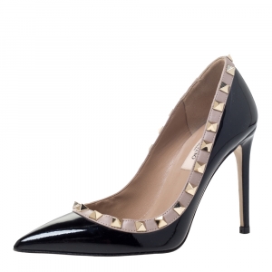 Pre Owned Valentino Black Patent Leather Rockstud Trim Pointed Toe Pumps Size 34.5
