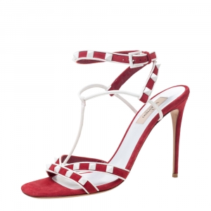 Pre Owned Valentino Red/White Suede and Leather Rockstud Strappy Sandals Size 39