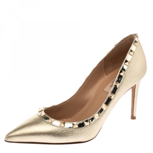 Pre Owned Valentino Metallic Gold Leather Rockstud Pointed Toe Pumps Size 38.5