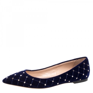 Pre Owned Valentino Blue Rockstud Spike Velvet Pointed Toe Flats Size 39