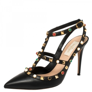 Pre Owned Valentino Leather Rolling Rockstud Ankle Strap Sandals Size 38.5 