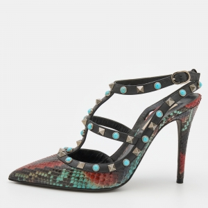 Pre Owned Valentino Multicolor Python and Leather Rolling Rockstud Ankle Strap Pumps 37