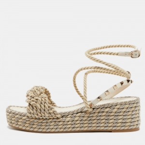 Pre Owned Valentino Beige Woven Fabric Rockstud Torchon Platform Sandals Size 40