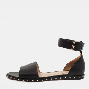 Pre Owned Valentino Black Leather Rockstud Ankle Strap Flat Sandals Size 38