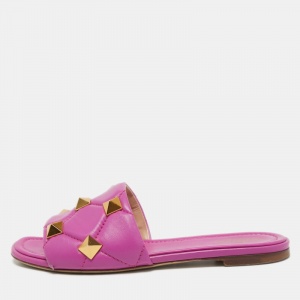 Valentino Purple Leather Roman Stud Flat Slides Size 38.5