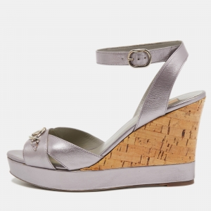 Pre Owned Valentino Metallic Silver Leather Cork Wedge Sandals Size 39.5