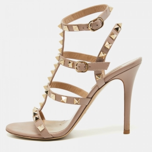 Pre Owned Valentino Beige Leather Rockstud Sandals Size 36