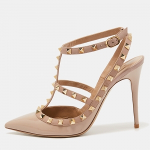 Pre Owned Valentino Beige Patent and Leather Rockstud Ankle Strap Pumps Size 39