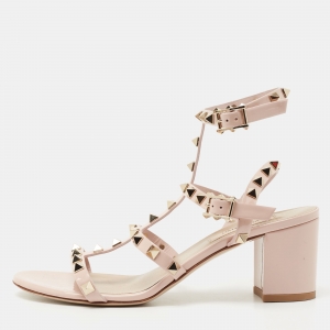 Pre Owned Valentino Light Pink Patent Leather Rockstud Ankle Strap Sandals Size 37.5