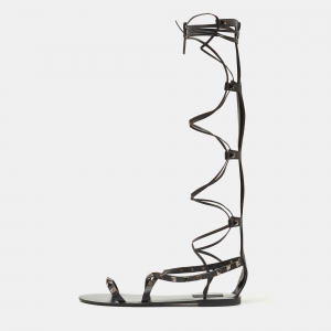 Pre Owned Valentino Black Leather Rockstud Gladiator Flat Sandals Size 38.5