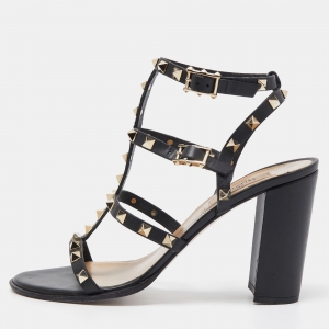 Pre Owned Valentino Black Leather Rockstud  Strappy Block Heel Sandals Size 40
