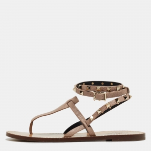 Pre Owned Valentino Dusty Pink Leather Rockstud Ankle Wrap Flat Sandals Size 39