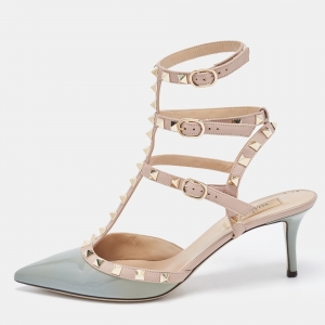 Pre Owned Valentino Light Blue/Pink Patent and Leather Rockstud Ankle Strap Pumps Size 39.5