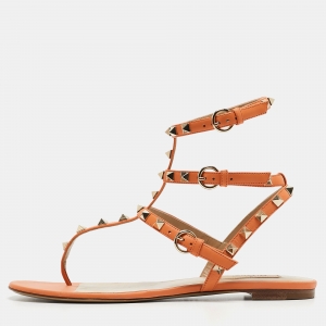 Pre Owned Valentino Orange Leather Rockstud Ankle Strap Flats Size 39.5