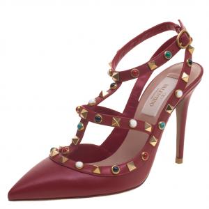 Pre Owned Valentino Maroon Leather Rolling Rockstud Sandals Size 36