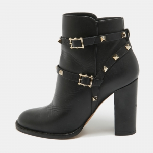 Pre Owned Valentino Black Leather Rockstud Ankle Boots Size 37