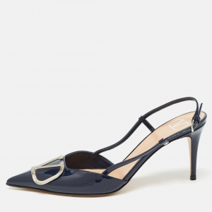Pre Owned Valentino Navy Blue Patent Leather Vlogo Slingback Pumps Size 36.5
