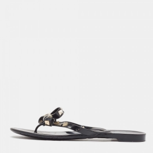 Valentino Black Rubber Rockstud  Thong Flat Slides Size 37
